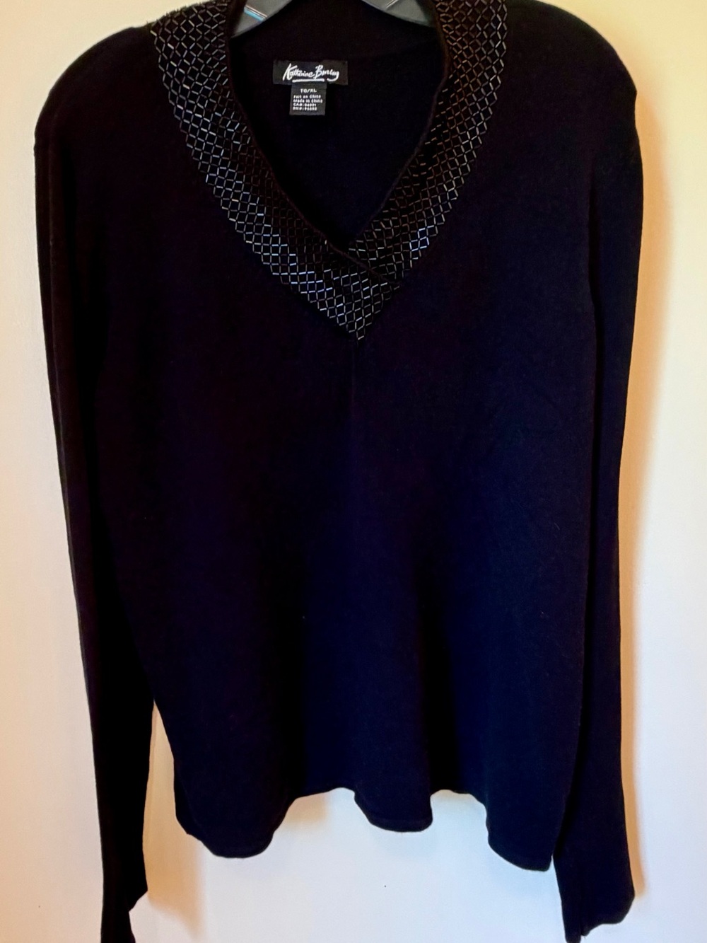 Katherine Barclay Black V-Neck Sweater with Beaded Trim